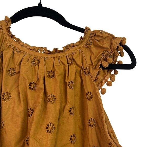 J.Crew Eyelet Pom-Pom flutter sleeve Poplin Cotton Golden Yellow Top Size S - Picture 10 of 12